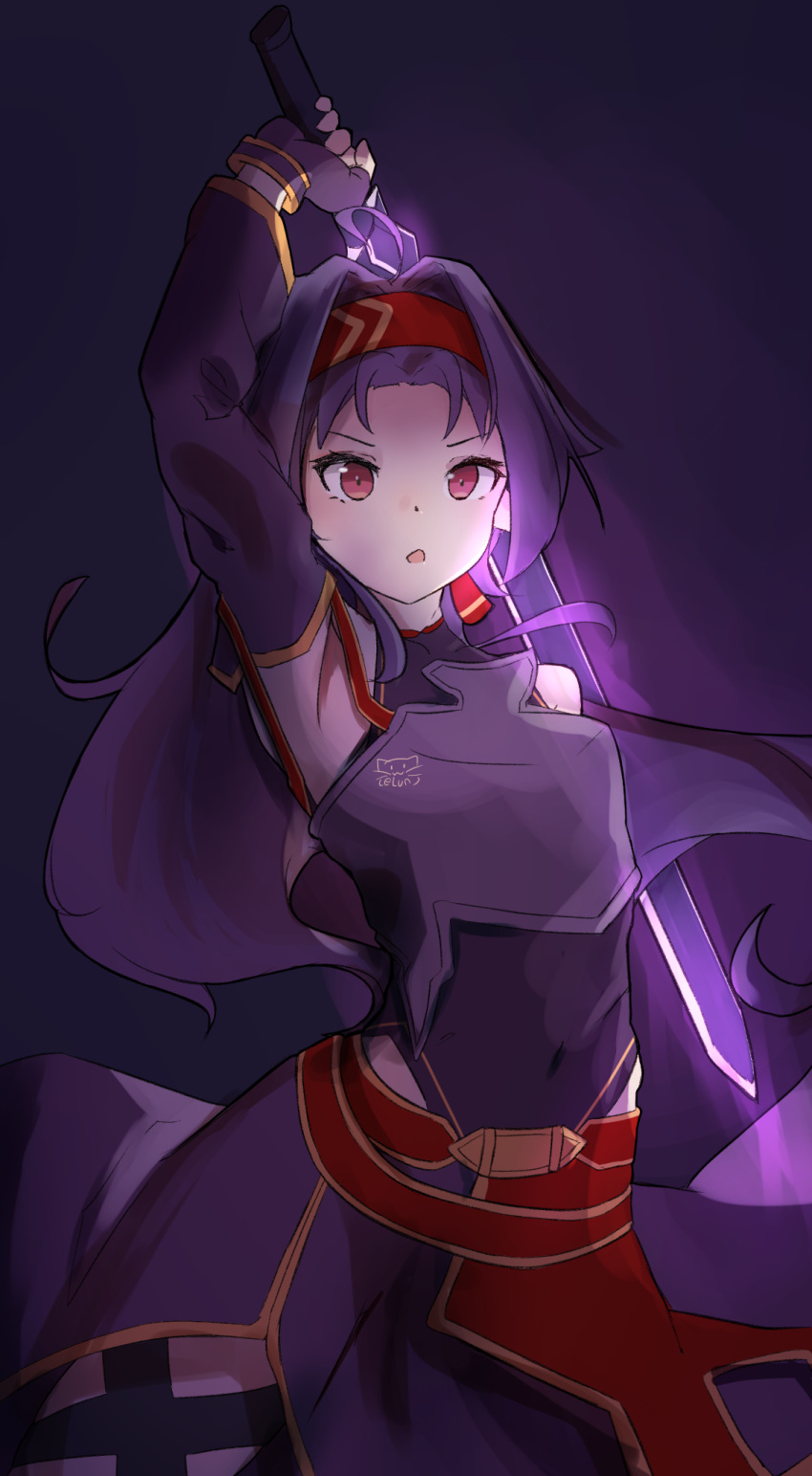 1girl arm_above_head armor armpits belt breastplate covered_navel detached_sleeves elun_(elun_00) facing_viewer hairband headband highres holding_sword holding_weapon long_hair open_mouth planted planted_sword purple_hair purple_sleeves red_belt red_eyes red_headband solo sword sword_art_online thighs weapon yuuki_(sao)