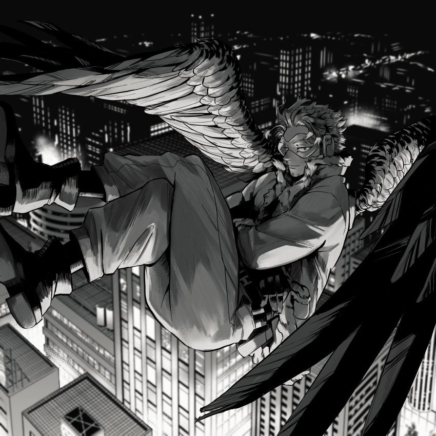 1boy absurdres boku_no_hero_academia boots building cityscape crossed_legs facial_hair feathered_wings flying full_body goggles greyscale hawks_(boku_no_hero_academia) highres kogu_(nue_insideout) looking_at_viewer male_focus monochrome muscle night pants short_hair smile smug solo spread_wings stubble wings