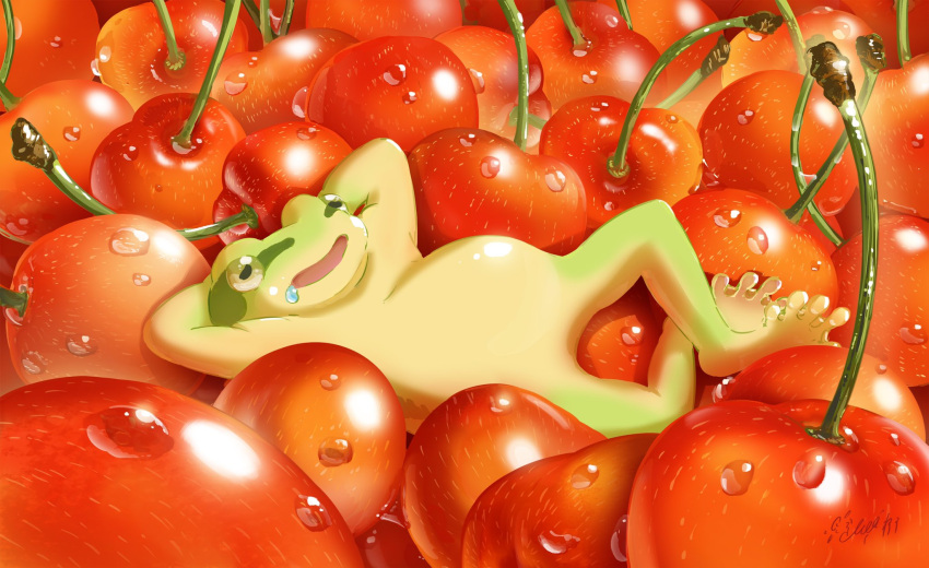 animal cherry commentary commentary_request creature food frog fruit hachiya_shohei highres lying no_humans on_back open_mouth original personification saliva saliva_trail sleeping smile solo water_drop