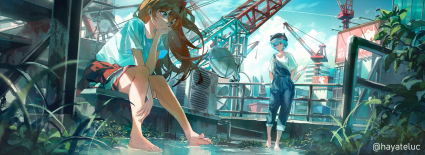 2girls absurdres alternate_costume ayanami_rei barefoot black_headwear blue_eyes blue_hair blue_overalls building closed_mouth crane_(machine) day hat head_rest highres leaning_on_rail long_hair luc_(user_xzsx2472) multiple_girls neon_genesis_evangelion orange_hair outdoors overalls overgrown plant puddle red_eyes red_shorts rooftop scenery shirt short_hair shorts sitting souryuu_asuka_langley water