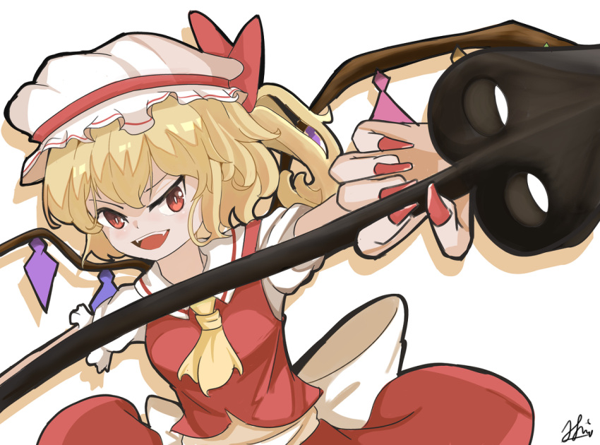 1girl ascot back_bow blonde_hair bow breasts collared_shirt fangs fingernails flandre_scarlet hair_between_eyes hat hat_ribbon holding holding_polearm holding_weapon laevatein_(touhou) large_bow looking_at_viewer mixed-language_commentary mob_cap multicolored_wings nail_polish open_mouth polearm puffy_short_sleeves puffy_sleeves red_eyes red_nails red_ribbon red_skirt red_vest ribbon sharp_fingernails shirt short_sleeves side_ponytail signature simple_background skirt skirt_set small_breasts smile solo teeth touhou u_mashed_potato upper_teeth v-shaped_eyebrows vest weapon white_background white_headwear white_shirt wings yellow_ascot