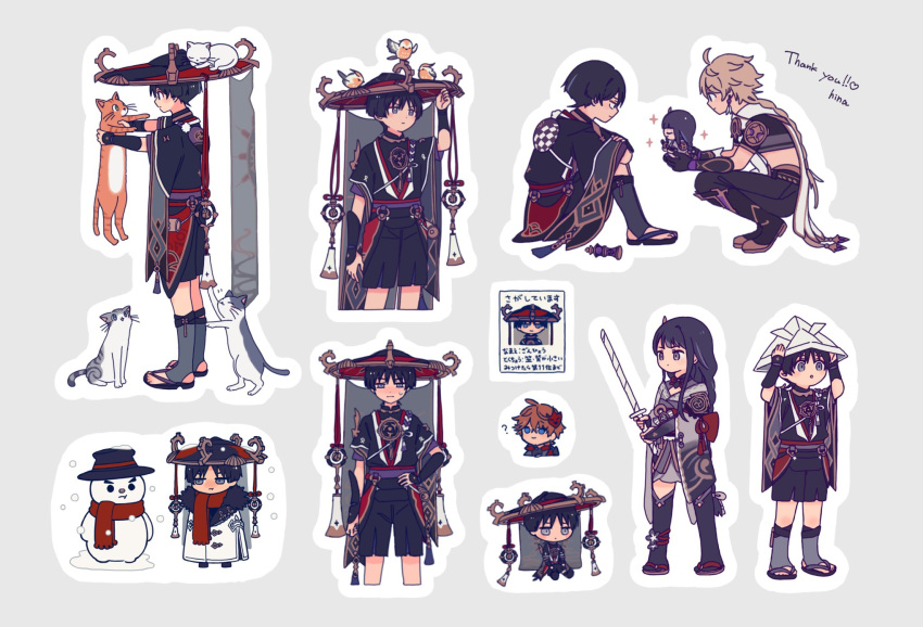 1girl 3boys ? aether_(genshin_impact) ahoge alternate_costume animal animal_ears arm_armor arm_up arms_up back_bow bangs bird black_eyes black_footwear black_hair black_headwear black_pants black_shirt black_shorts black_thighhighs blue_eyes blush board_game boots bow braid breasts brown_footwear brown_hair cat cat_ears cat_tail chess closed_eyes closed_mouth coat collared_shirt colored_skin detached_collar dress earrings english_text full_body fur-trimmed_hood fur_trim genshin_impact gold green_eyes grey_background grey_jacket grey_scarf grey_skin grey_socks hair_between_eyes hair_ornament hand_on_headwear hand_on_hip hands_up hat highres hinaszk holding holding_animal holding_weapon hood hooded_coat jacket japanese_clothes jewelry jingasa kimono light_brown_hair long_hair long_sleeves looking_at_another looking_to_the_side lying lying_on_person mandarin_collar mask mask_on_head medium_breasts mitsudomoe_(shape) multiple_boys necklace open_mouth orange_hair orange_skin pants paper_hat paper_sword pom_pom_(clothes) purple_belt purple_dress purple_hair purple_kimono raiden_shogun red_bow red_headwear red_mask red_ribbon red_scarf red_shirt ribbon sandals scaramouche_(genshin_impact) scarf shirt short_hair short_sleeves shorts sidelocks simple_background single_earring sitting sleeping snow snowing snowman socks sparkle standing star_(symbol) sweat sweatdrop sword tail tartaglia_(genshin_impact) thigh-highs tomoe_(symbol) v-shaped_eyebrows violet_eyes weapon white_coat white_headwear white_skin wide_sleeves wings