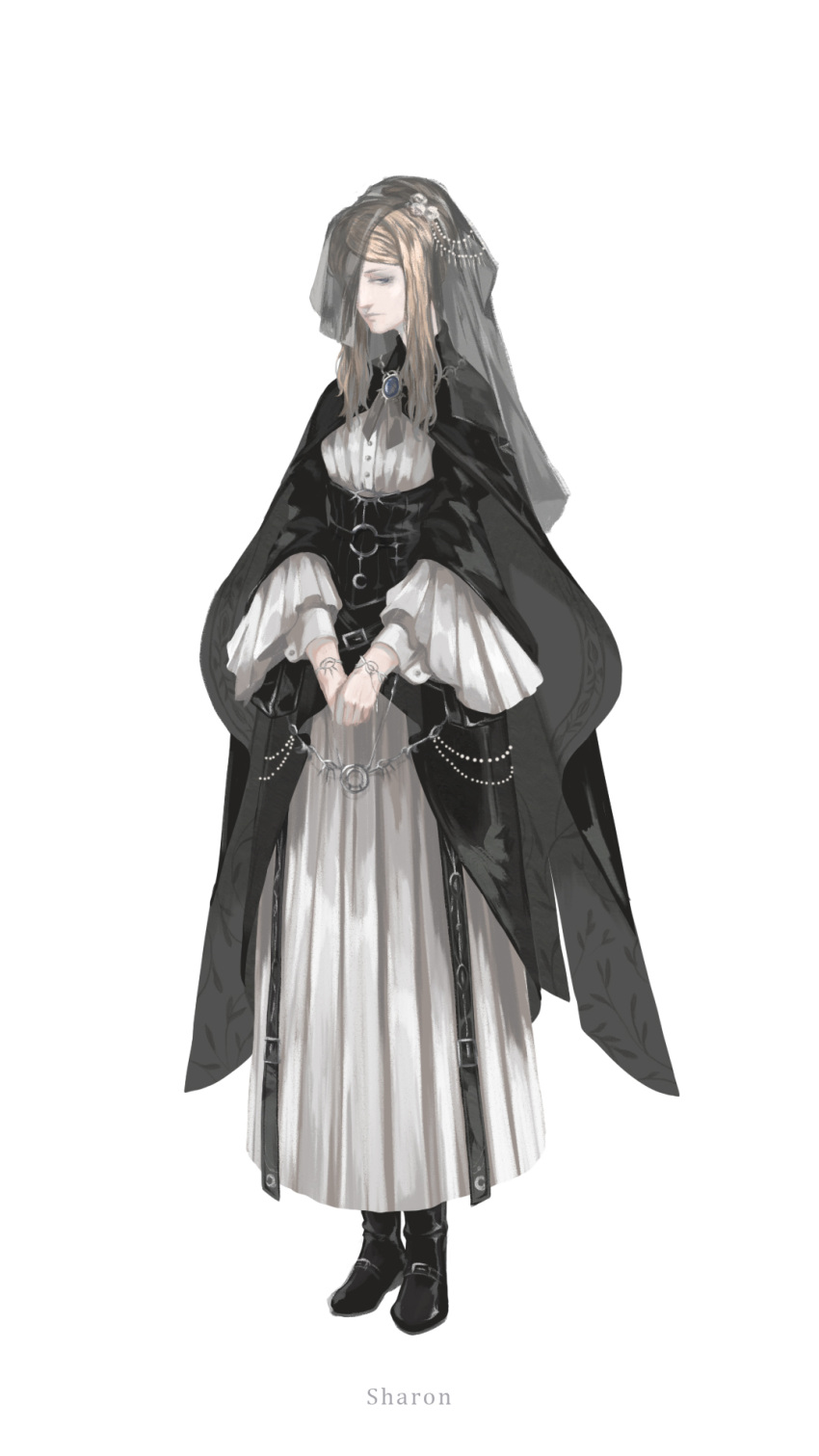 1girl black_cape black_corset black_dress black_footwear black_veil blonde_hair blue_eyes brooch cape character_name chinese_commentary commentary_request corset dress habit highres jewelry long_hair long_sleeves looking_at_viewer lord_of_the_mysteries nun own_hands_together scholarmeow sharron_(lord_of_the_mysteries) shirt simple_background skirt solo veil white_shirt white_skirt