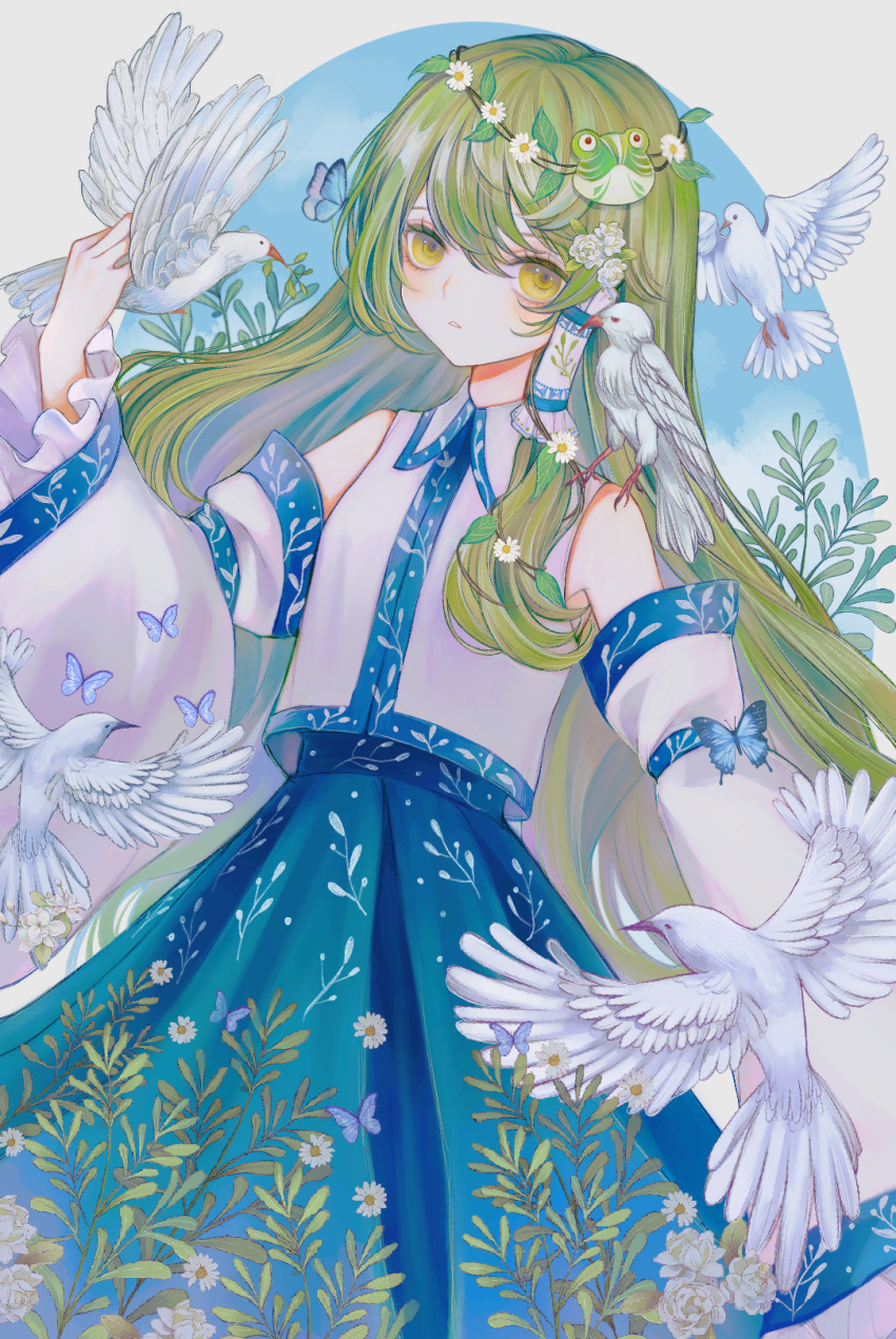1girl animal bare_shoulders bird blue_skirt blush bug butterfly closed_mouth detached_sleeves dove feathers flower frog_hair_ornament green_eyes green_hair hair_between_eyes hair_ornament hair_tubes highres hourai_kiriri japanese_clothes kochiya_sanae long_hair nontraditional_miko skirt snake_hair_ornament solo touhou upper_body white_flower white_sleeves wide_sleeves