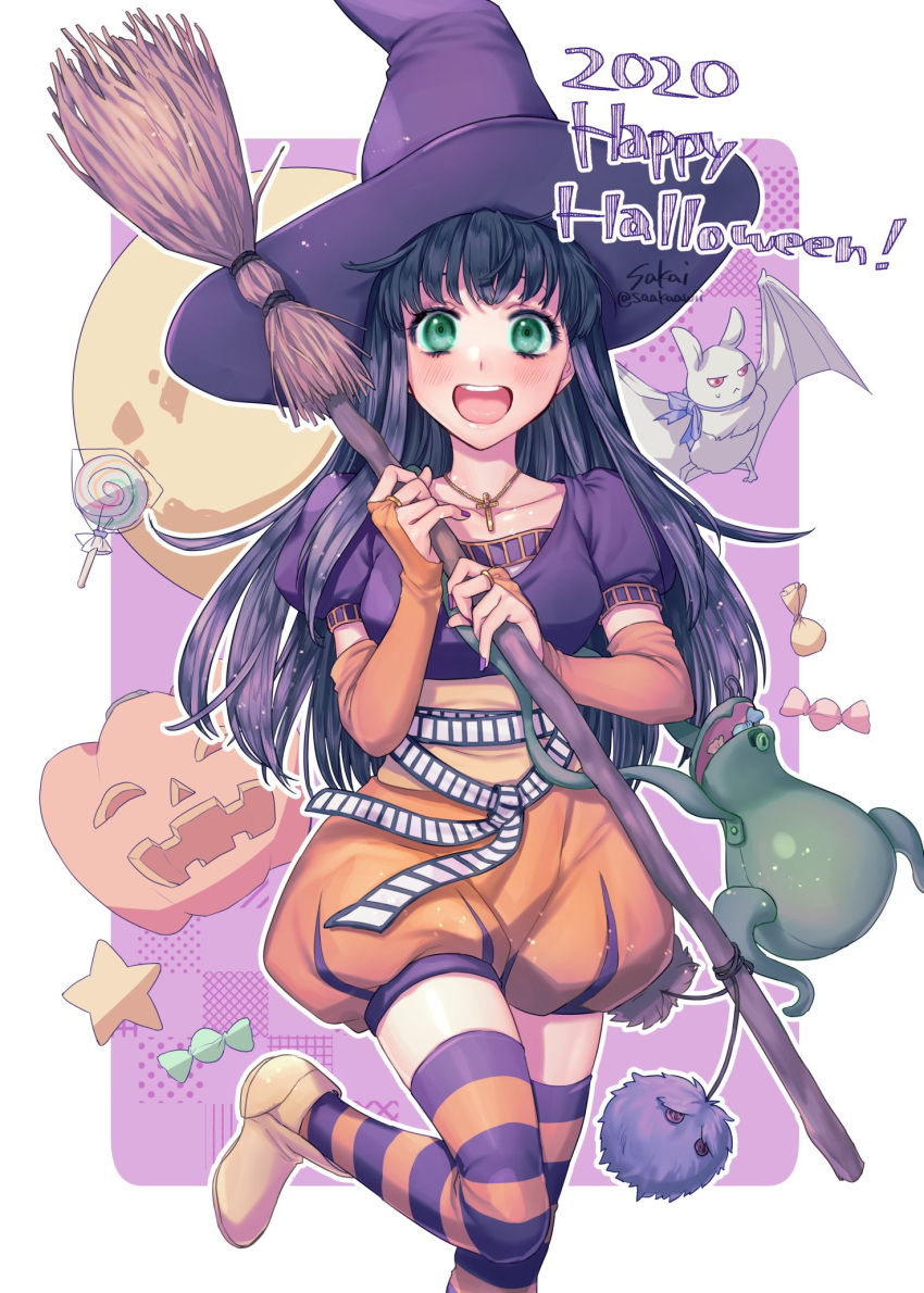 1girl black_hair breasts candy detached_sleeves food gensou_suikoden green_eyes halloween halloween_costume happy_halloween hat highres jack-o'-lantern jewelry long_hair looking_at_viewer nail_polish necklace open_mouth pumpkin sakai_(motomei) smile solo striped striped_legwear thighhighs viki_(suikoden) witch_hat
