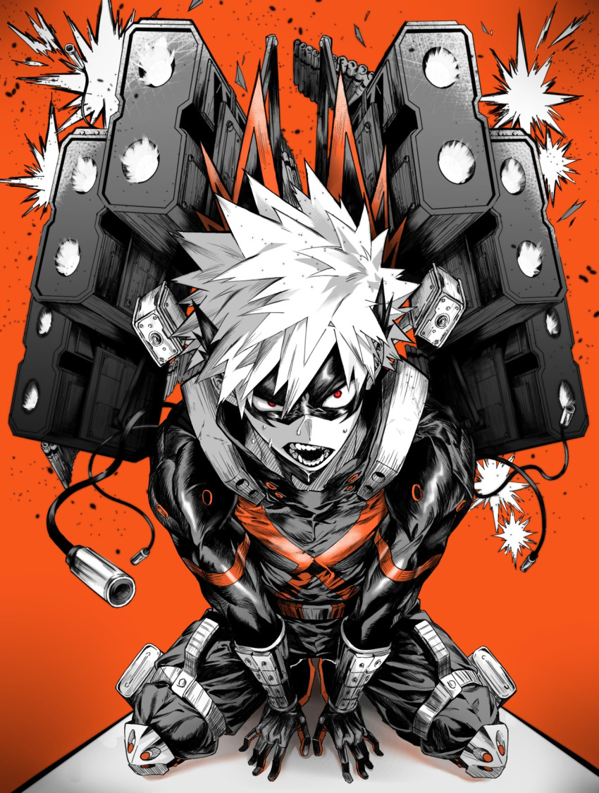 1boy ammunition_belt background_text baggy_pants bakugou_katsuki bangs belt between_legs black_mask black_pants boku_no_hero_academia cable chromatic_aberration eye_mask firing foreground_text from_above full_body gloves gun halftone hand_between_legs hands_on_ground hatching_(texture) headgear high_collar highres knee_pads kneeling leaning_forward looking_at_viewer machine_gun male_focus muzzle_flash neck_brace official_alternate_costume open_mouth orange_background pants partially_colored red_eyes shadow shiny shiny_clothes short_hair sitting skin_tight solo spiky_hair spoilers sweat teeth textless_version toned toned_male usano_(usn_658) wariza weapon wrist_guards