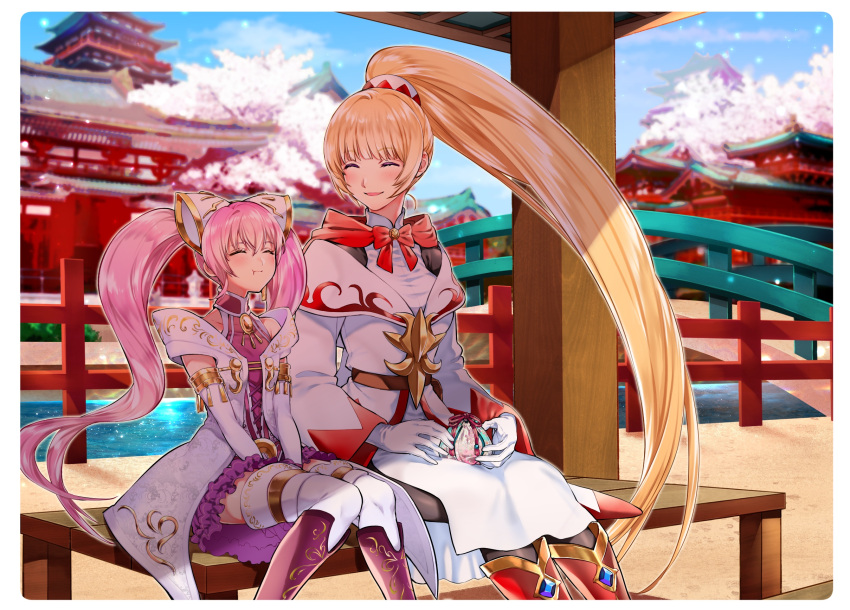 2girls architecture ayaka_(ffbe) bench blonde_hair bridge candy cherry_blossoms closed_eyes closed_mouth east_asian_architecture eating final_fantasy final_fantasy_brave_exvius food highres long_hair looking_to_the_side multiple_girls open_mouth pink_hair ponytail pouch sakura_(ffbe) shade sitting smile tarutaru_yamaoka thigh-highs twintails very_long_hair