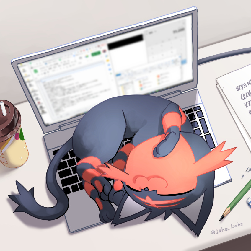 :3 animal_focus cat closed_eyes closed_mouth coffee_cup commentary_request computer cup disposable_cup full_body highres indoors jako_(boke_poke) laptop litten lying no_humans paper pencil pokemon pokemon_(creature) sleeping smile tail