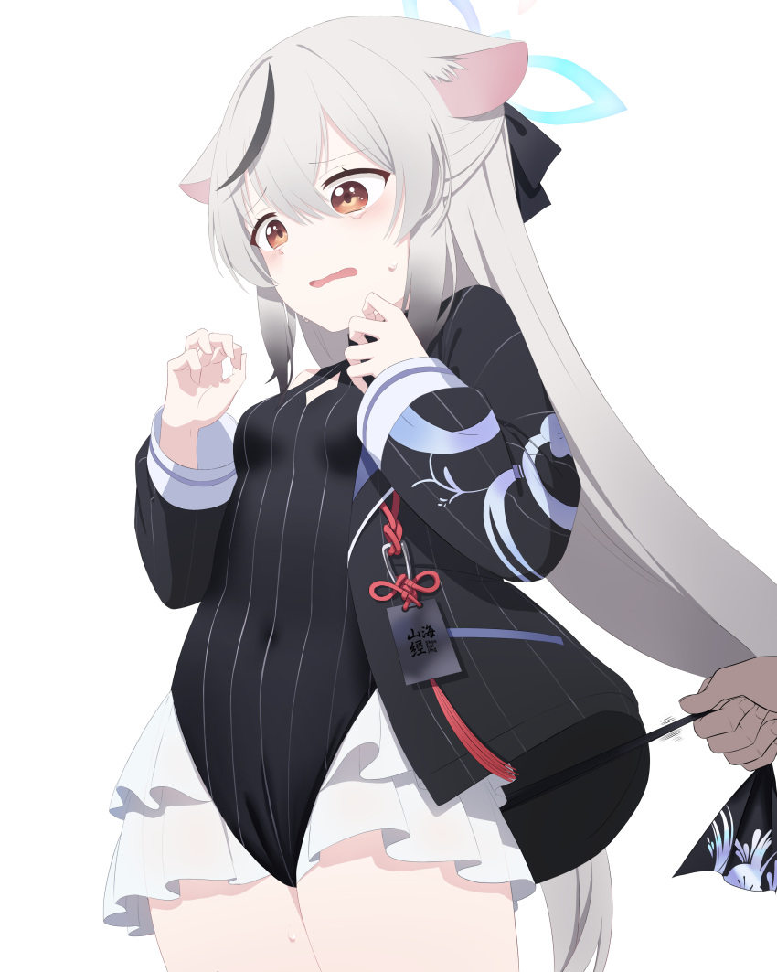 1boy 1girl absurdres aimpoleume amatsukaze_(kantai_collection) animal_ears bangs blue_archive brown_eyes clothes_pull commentary_request crying crying_with_eyes_open frilled_skirt frills grey_hair hair_between_eyes halo highres kokona_(blue_archive) long_hair looking_away low_twintails multicolored_hair out_of_frame prank sensei_(blue_archive) sidelocks simple_background skirt sleeveless solo_focus streaked_hair surprised sweatdrop tears tiger_ears tiger_girl twintails two-tone_hair white_background