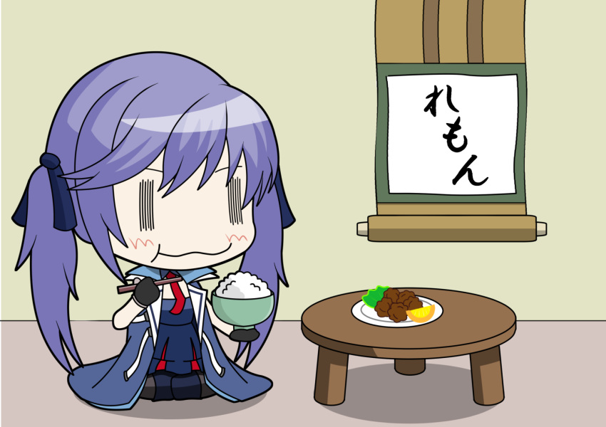 1girl azur_lane bowl chibi chopsticks crossed_legs eating essex_(azur_lane) food fruit hidamari_sketch holding holding_bowl holding_chopsticks kagirohi_gp lemon lemon_slice parody purple_hair rice rice_bowl sitting solo table twintails