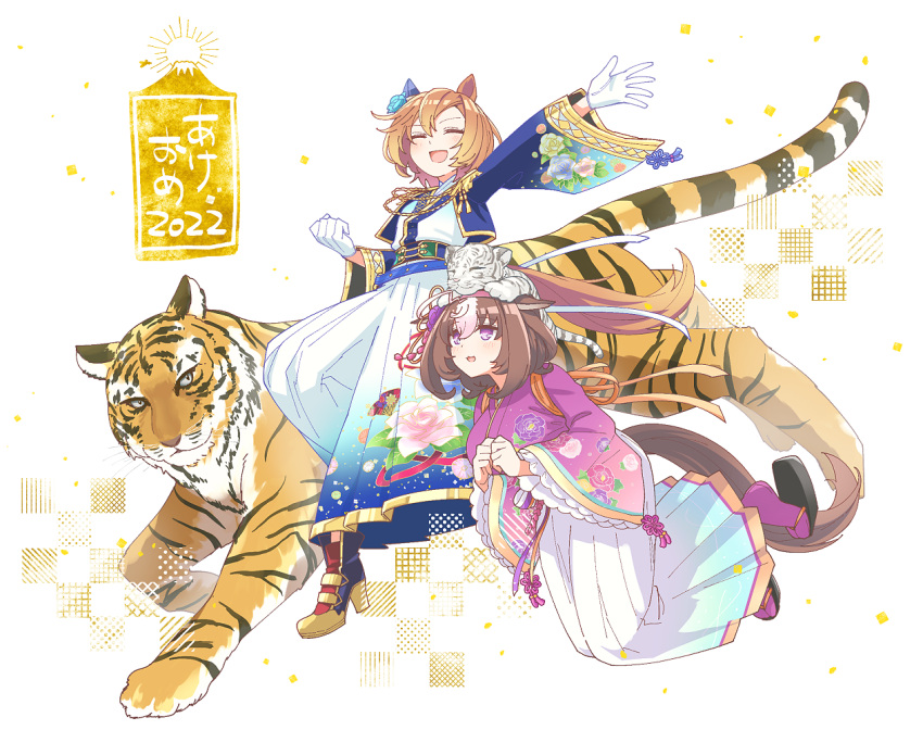 2022 2girls animal_ears animal_on_head blush boots breasts brown_hair checkered clenched_hand closed_eyes cropped_jacket epaulettes flower gloves hair_flower hair_ornament hairband high_heel_boots high_heels hihiqhi horse_ears horse_girl horse_tail japanese_clothes kimono large_breasts long_sleeves medium_hair meisho_doto_(padding_sores_should_she_go_flying)_(umamusume) meisho_doto_(umamusume) multiple_girls new_year okobo on_head open_mouth orange_hair outstretched_arm outstretched_arms purple_eyes purple_kimono sash short_hair smile t.m._opera_o_(blue_dazzle)_(umamusume) t.m._opera_o_(umamusume) tabi tail tiger tiger_cub tiger_ears tiger_tail umamusume violet_eyes white_gloves white_kimono wide_sleeves