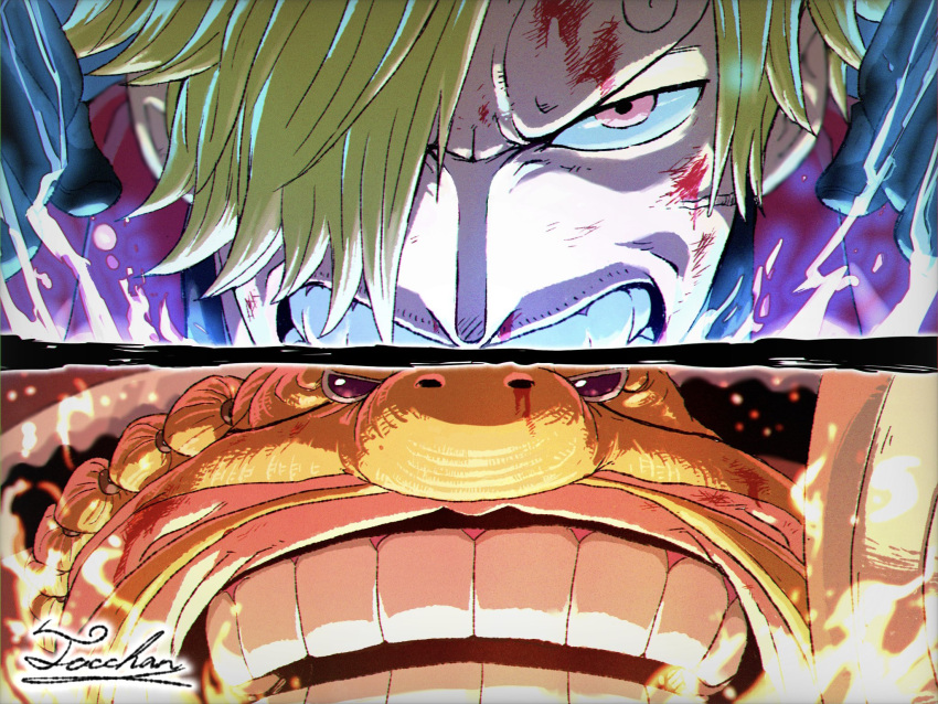 2boys battle blonde_hair blood blood_on_face close-up dinosaur_boy eye_focus frown hair_over_one_eye highres looking_at_viewer male_focus multiple_boys one_piece queen_(one_piece) sanji_(one_piece) serious short_hair staring tacchan56110 teeth