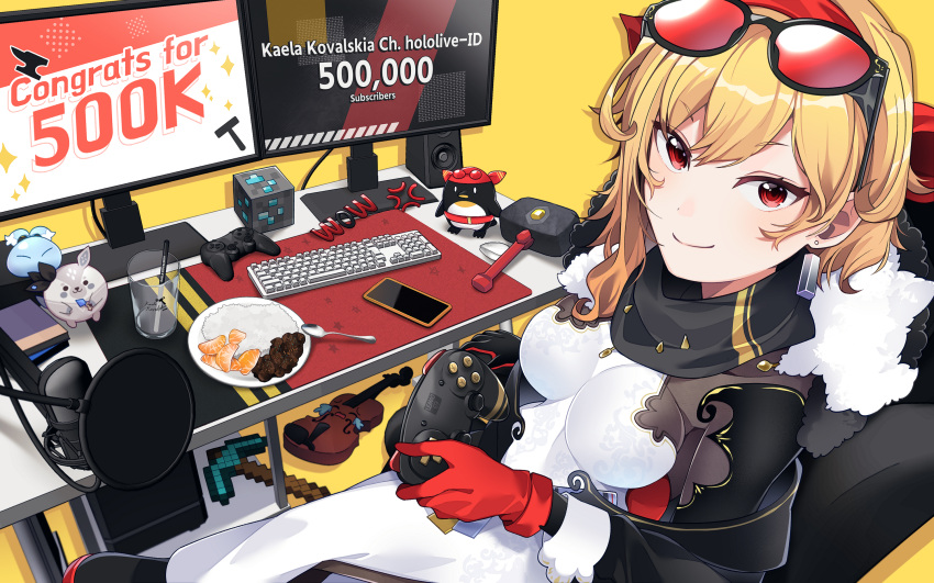 1girl bandana bangs black_scarf blonde_hair cellphone commentary computer controller crossed_legs english_commentary eyewear_on_head food fruit glass gloves hammer highres holding holding_controller hololive hololive_indonesia instrument kaela_kovalskia keyboard_(computer) long_hair long_sleeves looking_at_viewer microphone minecraft mitsumine_(ookami_no_oyashiro) orange_(fruit) phone pickaxe plate red_bandana red_eyes rice scarf simple_background sitting smartphone smile solo spoon sunglasses table tinted_eyewear two-tone_dress two-tone_gloves violin virtual_youtuber yellow_background