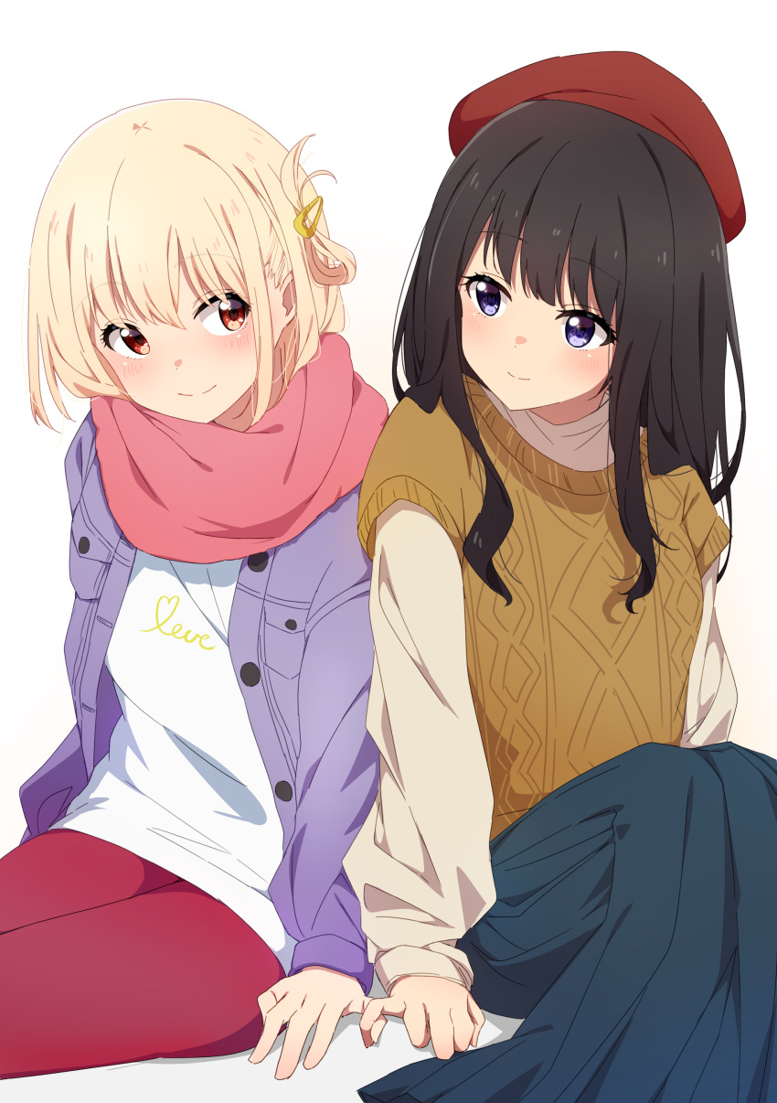2girls absurdres bangs beret black_hair blonde_hair blue_skirt blush bob_cut brown_sweater closed_mouth enpera finger_touching hair_ornament hairclip hat highres inoue_takina jacket long_hair long_skirt looking_at_another lycoris_recoil multiple_girls nishikigi_chisato open_clothes open_jacket pantyhose purple_jacket red_eyes red_headwear red_pantyhose red_scarf reikakrzk scarf shirt short-sleeved_sweater short_hair short_sleeves simple_background sitting skirt smile sweater violet_eyes white_background white_shirt yuri