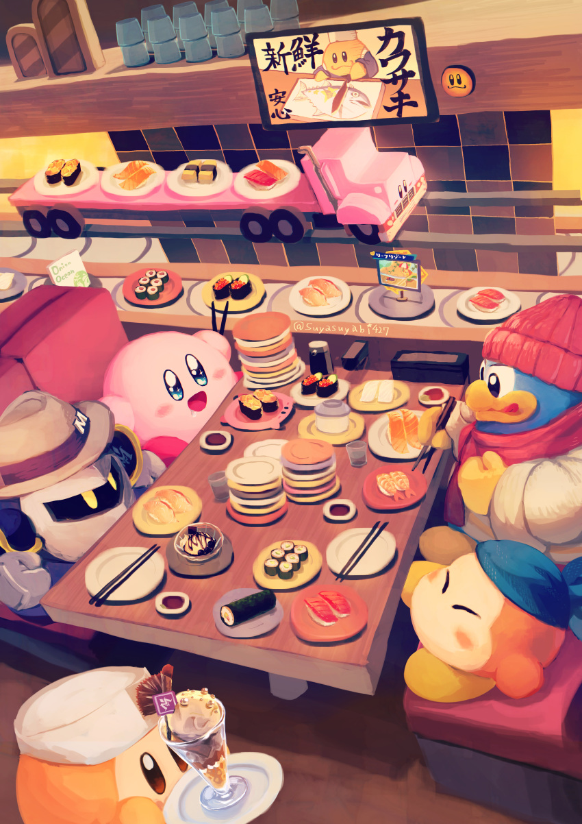 6+boys :3 absurdres blush blush_stickers chef_hat chef_kawasaki chopsticks closed_eyes commentary_request cutting_board fedora fish food food_request gloves ground_vehicle hat head_scarf highres holding holding_chopsticks ikura_(food) kirby kirby's_dream_land kirby_(series) kirby_and_the_forgotten_land licking_lips mask meta_knight motor_vehicle mouthful_mode multiple_boys nigirizushi no_humans omelet parfait plate saliva semi_truck soy_sauce sparkling_eyes sushi suyasuyabi tamagoyaki tongue tongue_out translation_request truck umbrella waddle_dee winter_clothes yellow_eyes