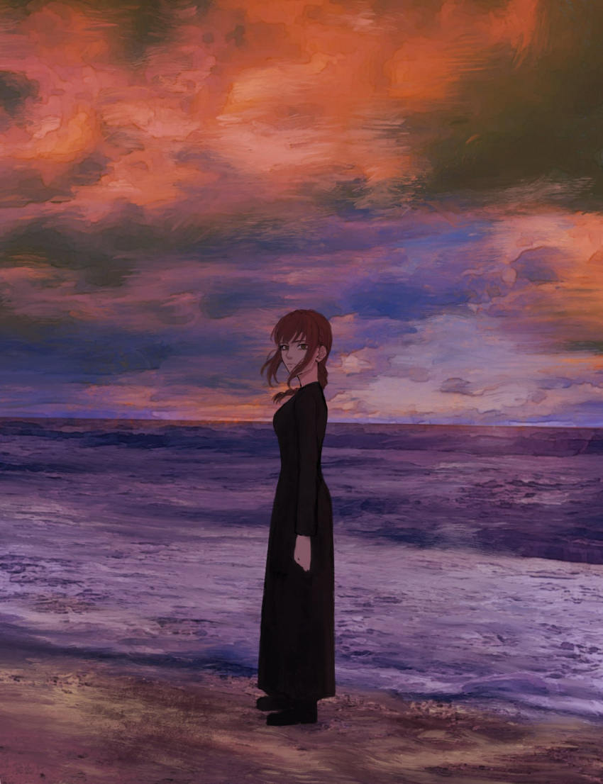 1girl beach black_dress braid braided_ponytail breasts brown_hair chainsaw_man clouds cloudy_sky dress evening foaming_waves from_side highres looking_at_viewer looking_back makima_(chainsaw_man) medium_breasts medium_hair ocean orange_sky raberu_ruru red_eyes redhead ringed_eyes sidelocks sky solo standing sunset water wind