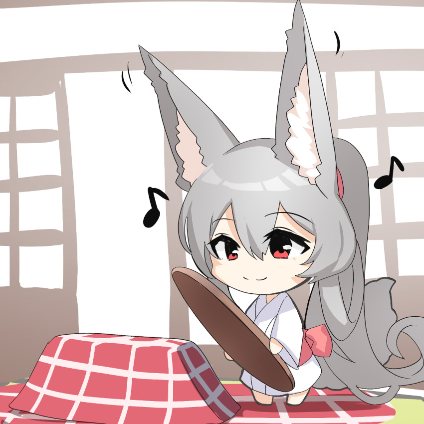 1girl absurdly_long_hair animal_ear_fluff animal_ears bangs barefoot blush chibi closed_mouth commentary_request eighth_note eyebrows_visible_through_hair fox_ears fox_girl fox_tail grey_hair hair_between_eyes highres holding indoors japanese_clothes kimono kotatsu long_hair long_sleeves motion_lines musical_note obi original ponytail red_eyes sash smile solo spoken_musical_note standing table tail very_long_hair white_kimono wide_sleeves yuuji_(yukimimi)