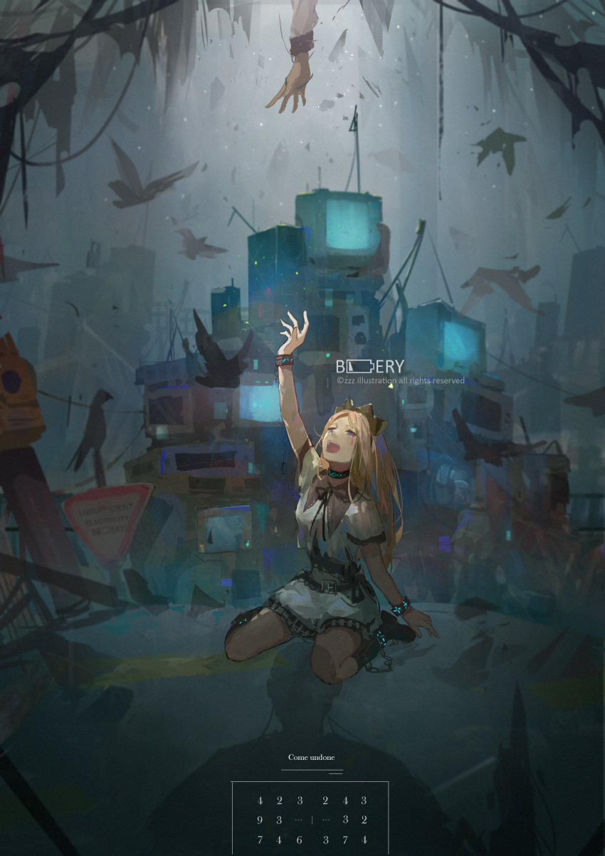 1girl absurdres bird black_bow black_bowtie blonde_hair bow bowtie bug building butterfly chain chained closed_eyes commentary crown english_text hand_up highres insect long_hair open_mouth original shirt short_sleeves sign silhouette sitting skirt solo_focus thighs underwater wariza warning_sign white_shirt white_skirt wrist_cuffs zzz_(orchid-dale)