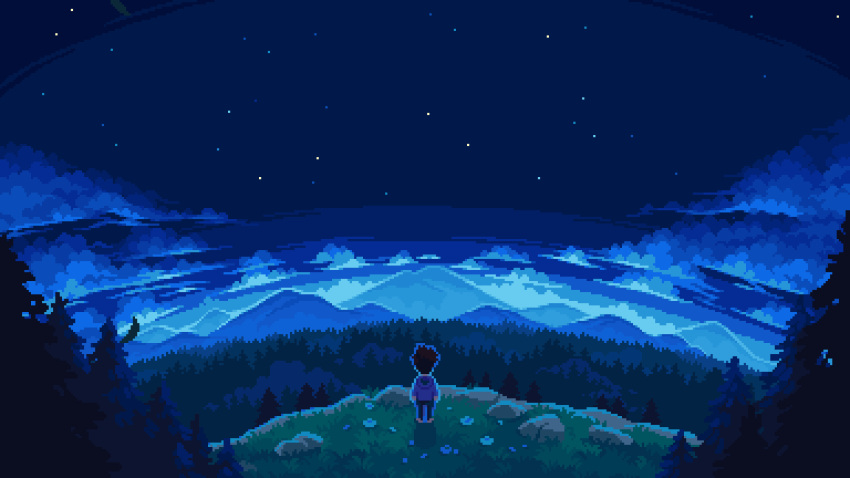 1boy 1girl animated animated_gif blue_theme brown_hair clouds cloudy_sky commission english_commentary forest from_behind full_body grass highres hood hood_down hoodie landscape long_sleeves mountain mountainous_horizon nature night night_sky original pants pine_tree pixel_art purple_hoodie rock scenery sky solo standing star_(sky) starry_sky tofupixel tree wind