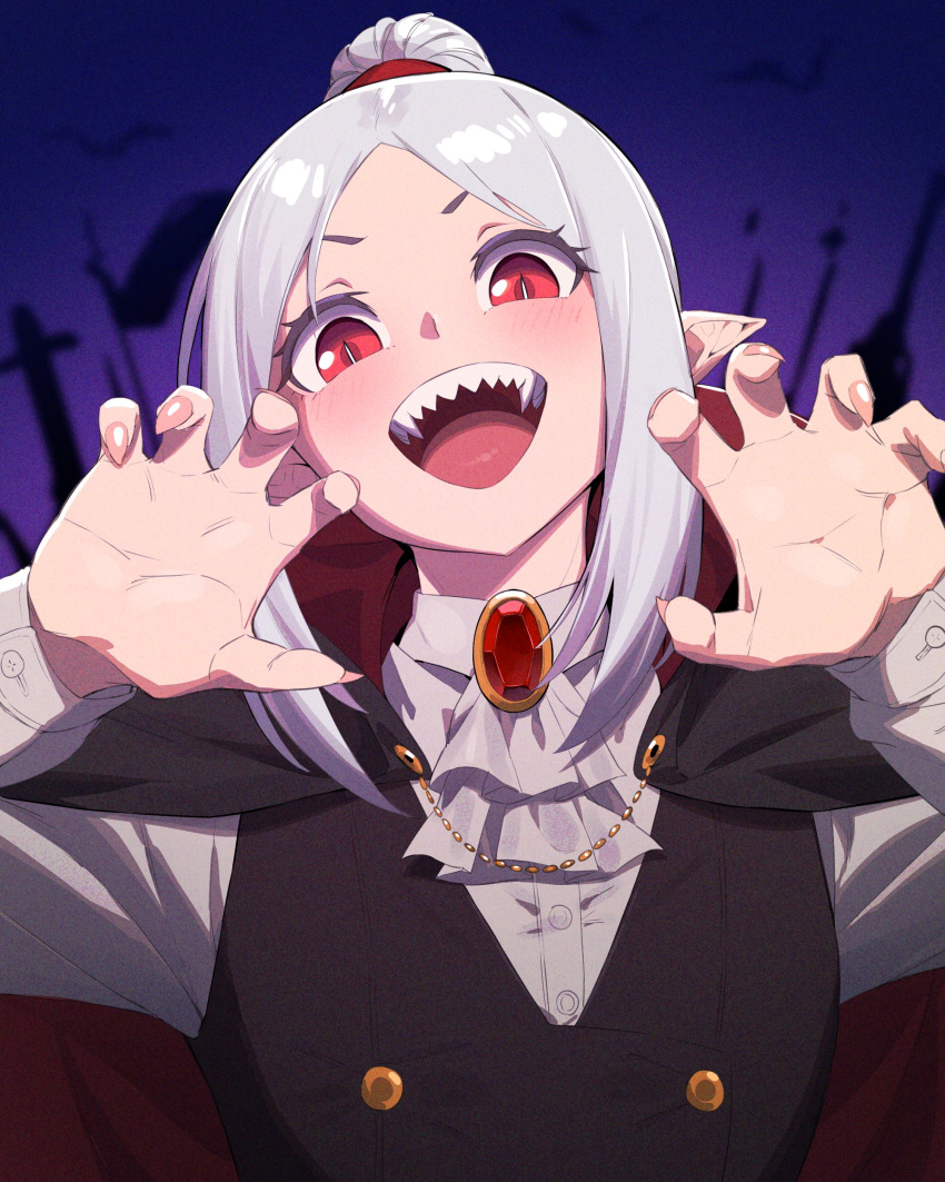 1boy 1girl absurdres alternate_hair_color bangs black_vest blush brooch buttons cape claw_pose fangs fingernails grey_hair halloween halloween_costume highres in_(ain) jewelry long_sleeves looking_at_viewer male_focus open_mouth original otoko_no_ko parted_bangs pointy_ears red_cape red_eyes sharp_fingernails sharp_teeth shirt sidelocks slit_pupils solo teeth tongue vampire_costume vest white_shirt