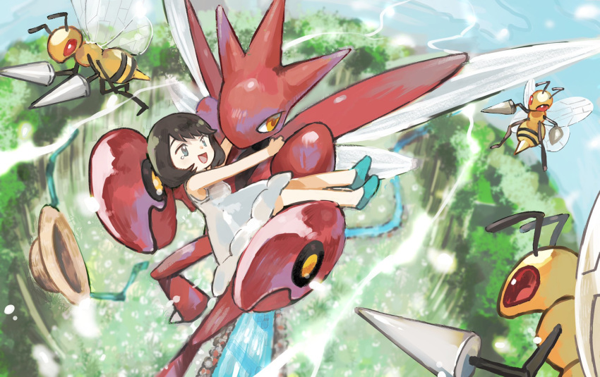1girl :d bare_arms bare_shoulders beedrill black_hair blue_eyes blue_footwear blue_sky brown_headwear carrying day dress flying hat hat_removed headwear_removed highres open_mouth outdoors plum0o0 pokemon pokemon_(creature) princess_carry river scizor shoes short_hair single_tear sky sleeveless sleeveless_dress smile straw_hat water white_dress