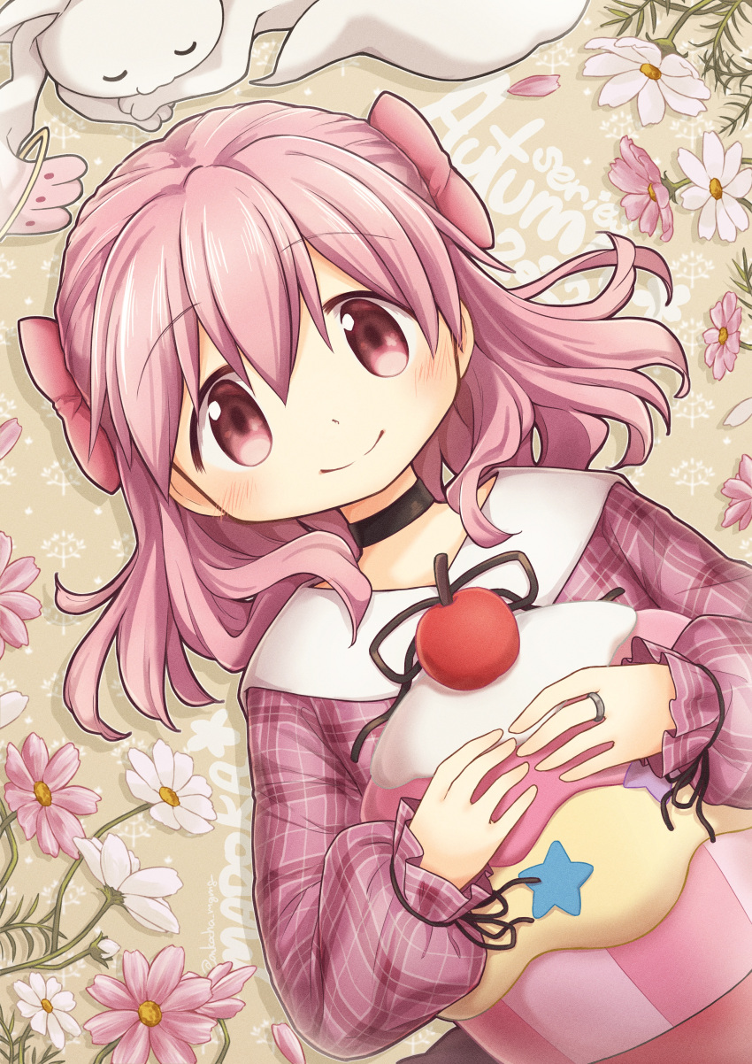 1girl absurdres black_choker black_outline brown_background character_name choker collared_shirt creature cupcake dutch_angle floral_background flower flower_request food food-themed_pillow frilled_sleeves frills from_above fruit hair_between_eyes hair_down hair_over_shoulder hair_ribbon happy highres jewelry kaname_madoka kyubey light_blush limited_palette long_hair long_sleeves looking_at_viewer looking_up lying mahou_shoujo_madoka_magica medium_hair object_hug on_back outline petals pillow pillow_hug pink_eyes pink_flower pink_hair pink_ribbon pink_shirt pink_theme plaid plaid_shirt puffy_long_sleeves puffy_sleeves ribbon rilafm345 ring shadow shirt simple_background sleeping smile solo tareme text_focus twitter_username upper_body white_flower white_outline