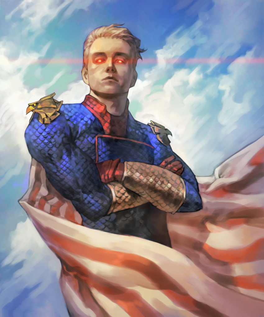 1boy blonde_hair blue_bodysuit bodysuit cloud clouds crossed_arms frown gloves glowing glowing_eyes hieumay highres homelander male_focus realistic red_eyes red_gloves sky solo striped_cape superhero the_boys upper_body