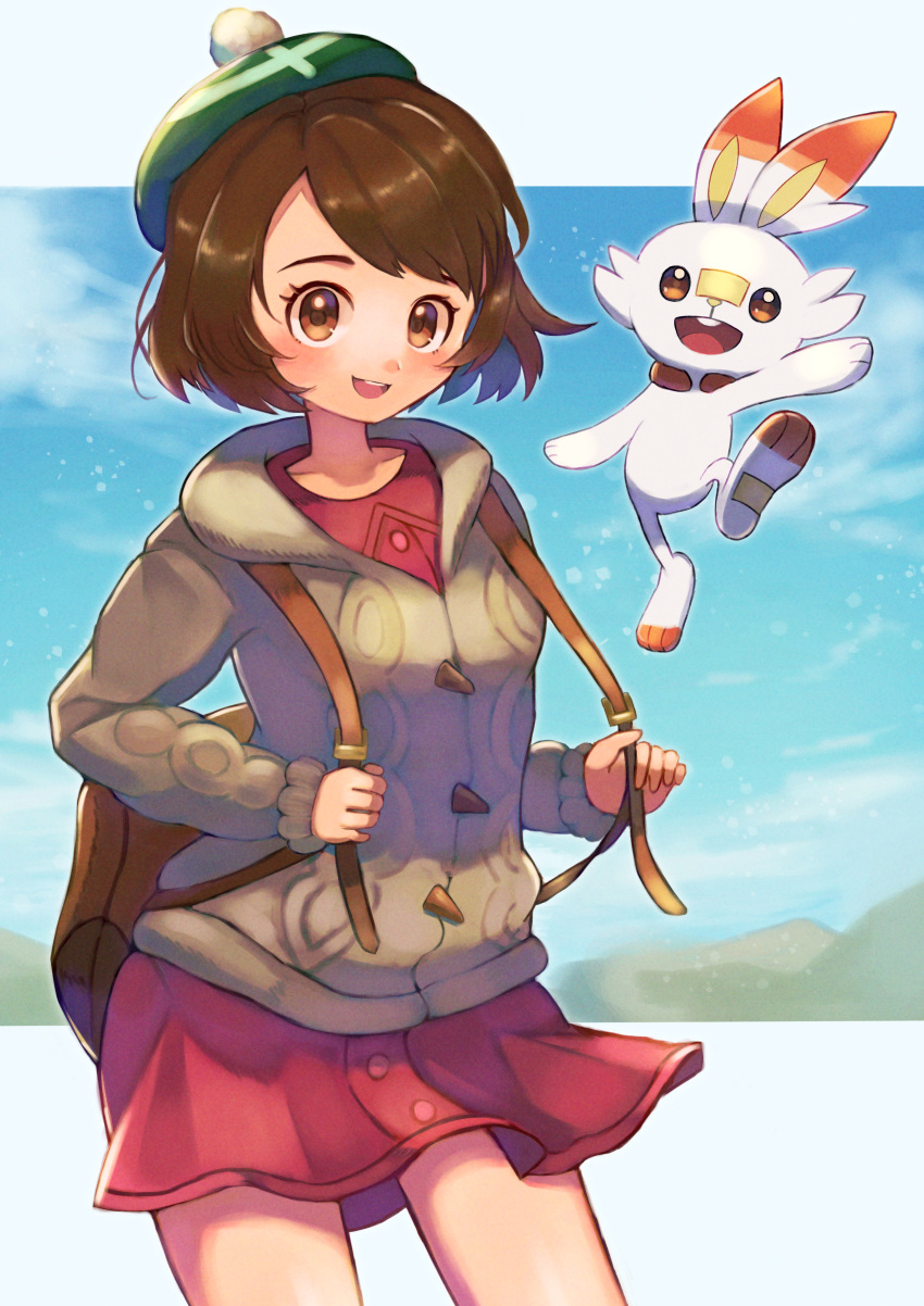 1girl :d absurdres backpack bag bangs bob_cut brown_bag brown_eyes brown_hair buttons cable_knit cardigan clouds collared_dress commentary_request day dress gen_8_pokemon gloria_(pokemon) green_headwear grey_cardigan hat highres hinatanoronda holding holding_strap hooded_cardigan letterboxed long_sleeves looking_at_viewer open_mouth outdoors outside_border pink_dress pokemon pokemon_(creature) pokemon_(game) pokemon_swsh scorbunny short_hair sky smile tam_o'_shanter teeth tongue upper_teeth yuuri_(pokemon)