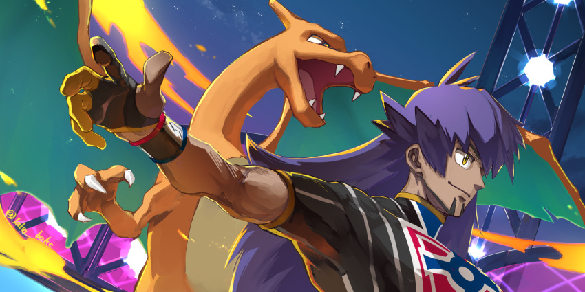1boy bangs champion_uniform charizard claws commentary_request dark-skinned_male dark_skin dynamax_band facial_hair gloves highres jako_(boke_poke) leon_(pokemon) light long_hair male_focus night outstretched_arm partially_fingerless_gloves pokemon pokemon_(creature) pokemon_(game) pokemon_swsh purple_hair shirt short_sleeves sky stadium upper_body watermark yellow_eyes
