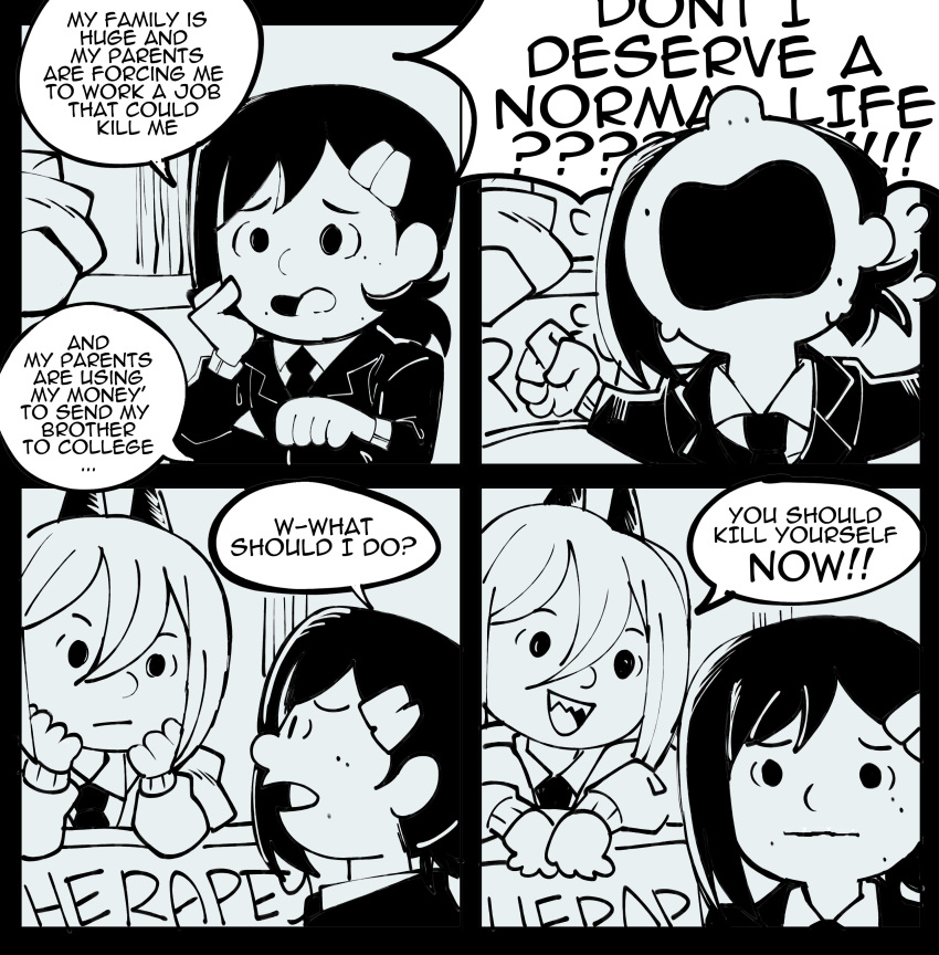 2girls absurdres chainsaw_man charles_schulz_(style) closed_mouth comic english_text greyscale hair_ornament hairclip higashiyama_kobeni highres horns kermittend left-to-right_manga long_hair long_sleeves looking_at_another meme monochrome multiple_girls necktie open_mouth peanuts power_(chainsaw_man) sharp_teeth short_hair smile speech_bubble talking teeth upper_teeth you_should_kill_yourself_now_(meme)
