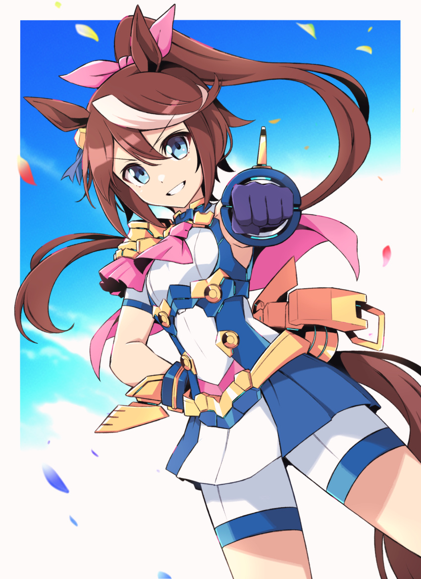 1girl adapted_costume animal_ears ascot bike_shorts blue_eyes blue_gloves blue_sky bow brown_hair clenched_hand clouds commentary_request dress dutch_angle epaulettes gloves grin hair_ribbon hand_on_hip high_ponytail highres horse_ears horse_girl horse_tail long_hair looking_at_viewer multicolored_hair mutsuki_riichi outstretched_arm petals pink_ascot pink_bow pink_ribbon ponytail ribbon short_shorts short_sleeves shorts shorts_under_dress single_epaulette sky smile solo streaked_hair tail tokai_teio_(umamusume) umamusume v-shaped_eyebrows very_long_hair white_dress white_hair white_shorts