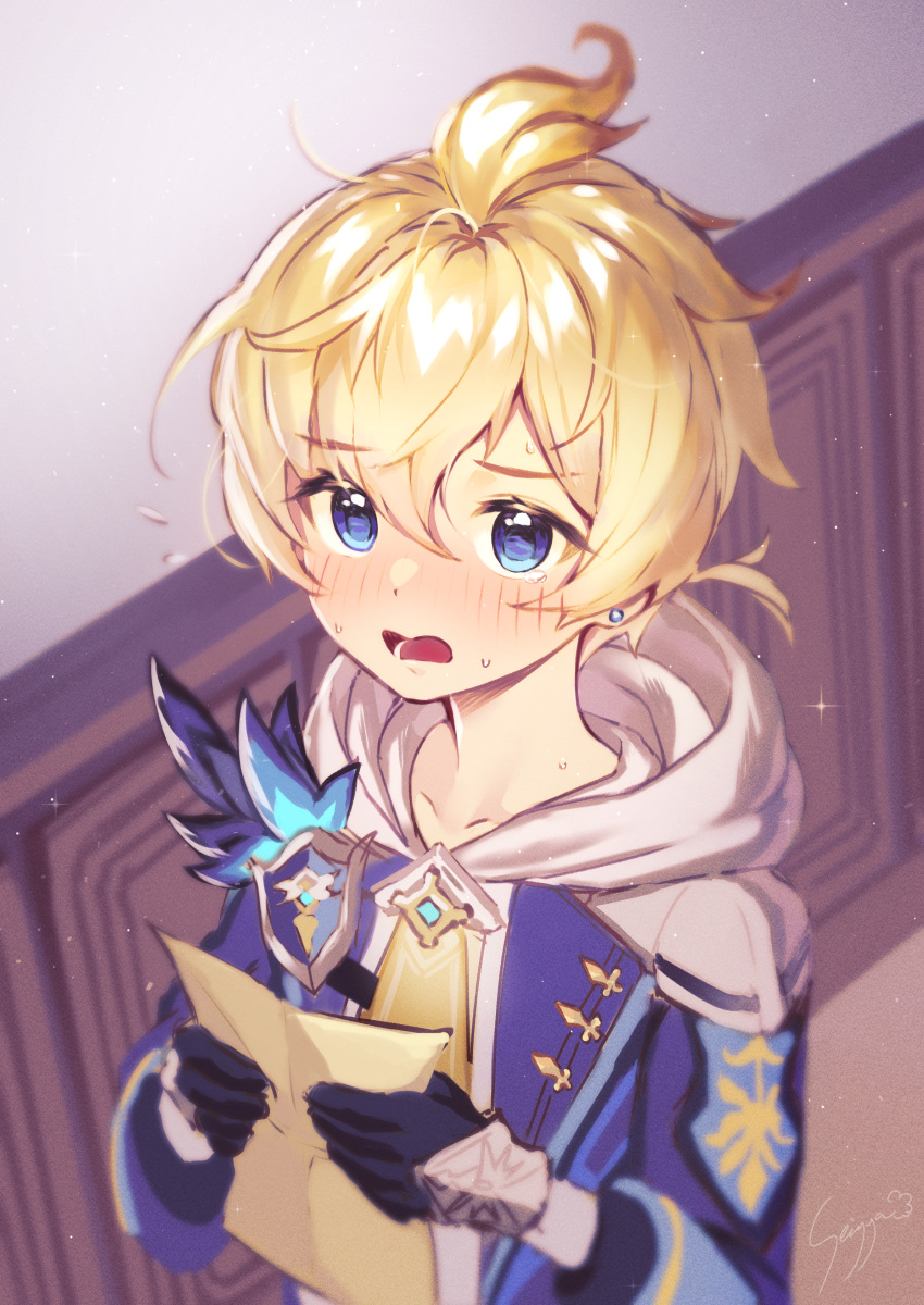 1boy absurdres ahoge androgynous blonde_hair blue_eyes blue_feathers blush book earrings feathers genshin_impact gloves highres holding holding_paper ice_s_s_z jewelry kagamine_len long_sleeves looking_at_viewer looking_up male_focus mika_(genshin_impact) open_mouth paper short_hair solo