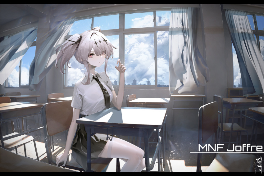 1girl absurdres alternate_costume azur_lane black_necktie black_skirt breasts chair character_name collared_shirt curtains day desk from_side grey_hair highres indoors joffre_(azur_lane) ka11_ca letterboxed long_hair looking_at_viewer looking_to_the_side medium_breasts miniskirt necktie pantyhose red_eyes school school_chair school_uniform shirt short_sleeves sitting skirt solo white_pantyhose white_shirt window