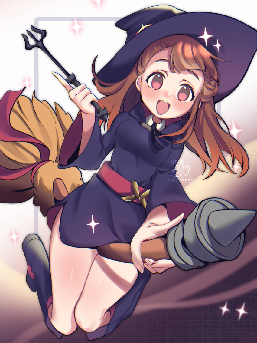 1girl :d black_dress blush boots breasts broom broom_riding brown_hair dress full_body hat highres holding holding_wand kagari_atsuko little_witch_academia long_hair looking_at_viewer open_mouth smile solo sparkle stephringo teeth upper_teeth wand wide_sleeves witch_hat