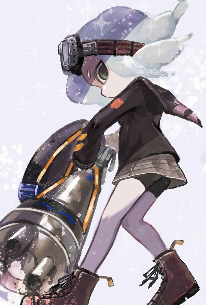 1girl bike_shorts bike_shorts_under_skirt black_shorts boots brown_footwear closed_mouth cross-laced_footwear goggles goggles_on_head green_eyes grey_hair grey_skirt highres holding jacket lace-up_boots long_sleeves mask miniskirt nautilus_(splatoon) no_mouth octarian octoling octoling_girl plum0o0 short_hair shorts skirt solo sparkle splatoon_(series) standing tentacle_hair