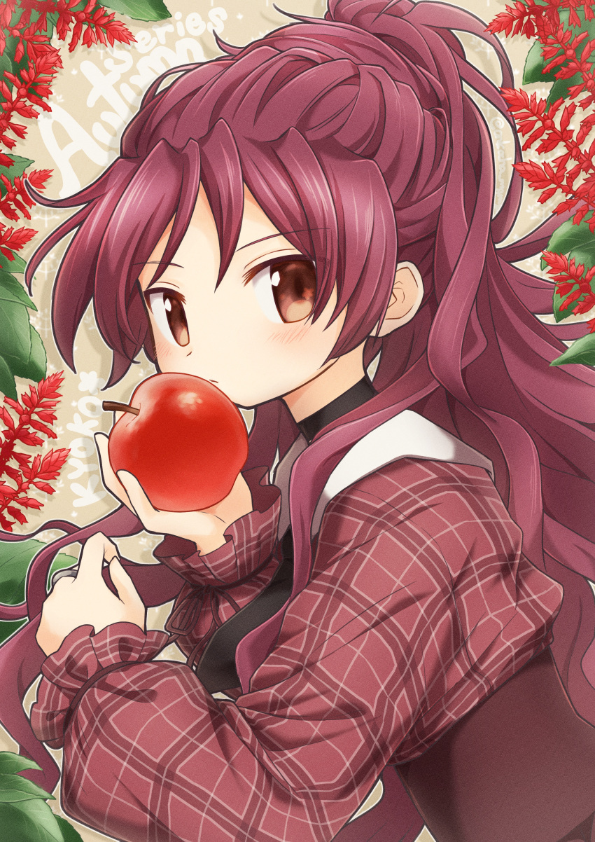 1girl absurdres apple artist_name black_choker black_necktie blush character_name checkered_clothes choker commentary_request food fruit high-waist_skirt highres holding holding_food holding_fruit jewelry long_hair long_sleeves looking_at_viewer mahou_shoujo_madoka_magica necktie plaid ponytail puffy_long_sleeves puffy_sleeves red_eyes red_shirt red_skirt redhead rilafm345 ring sakura_kyouko shirt skirt solo upper_body