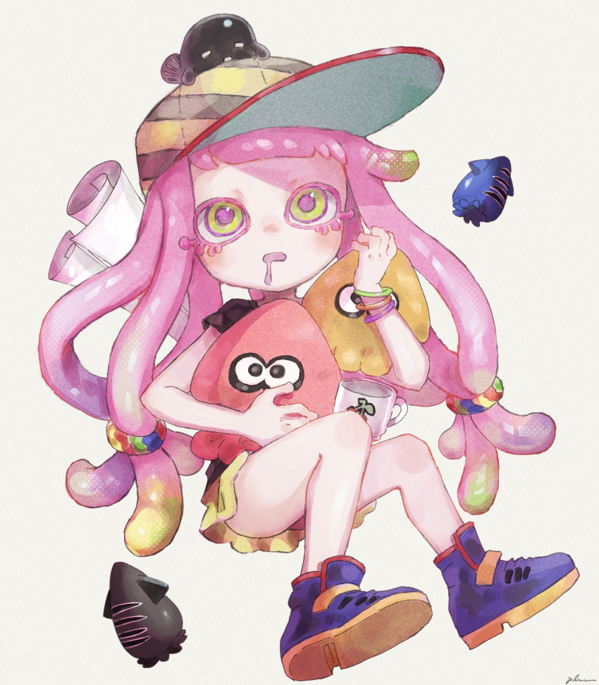 1girl animal animal_on_head baseball_cap black_shirt blonde_hair bracelet cherry clownfish colored_eyelashes cup drooling eyelashes fish fish_on_head food fruit full_body green_eyes green_hair green_skirt harmony's_clownfish_(splatoon) harmony_(splatoon) hat highres inkling jewelry long_hair low-tied_long_hair miniskirt mug multicolored_clothes multicolored_hair multicolored_headwear no_eyebrows on_head open_mouth pink_eyes pink_hair plum0o0 purple_footwear purple_hair purple_pupils shirt shoes short_sleeves simple_background skirt solo splatoon_(series) splatoon_3 striped striped_headwear stuffed_squid tentacle_hair white_background