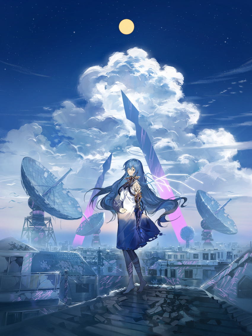 1girl arm_armor bandage_over_one_eye barefoot blue_eyes blue_hair blue_sky cast cloud clouds cloudy_sky commentary full_moon halo hat highres kurohal long_hair looking_at_viewer moon night on_roof original outdoors radar rooftop scenery sky solo standing star_(sky) starry_sky town two-tone_dress wings wrist_guards