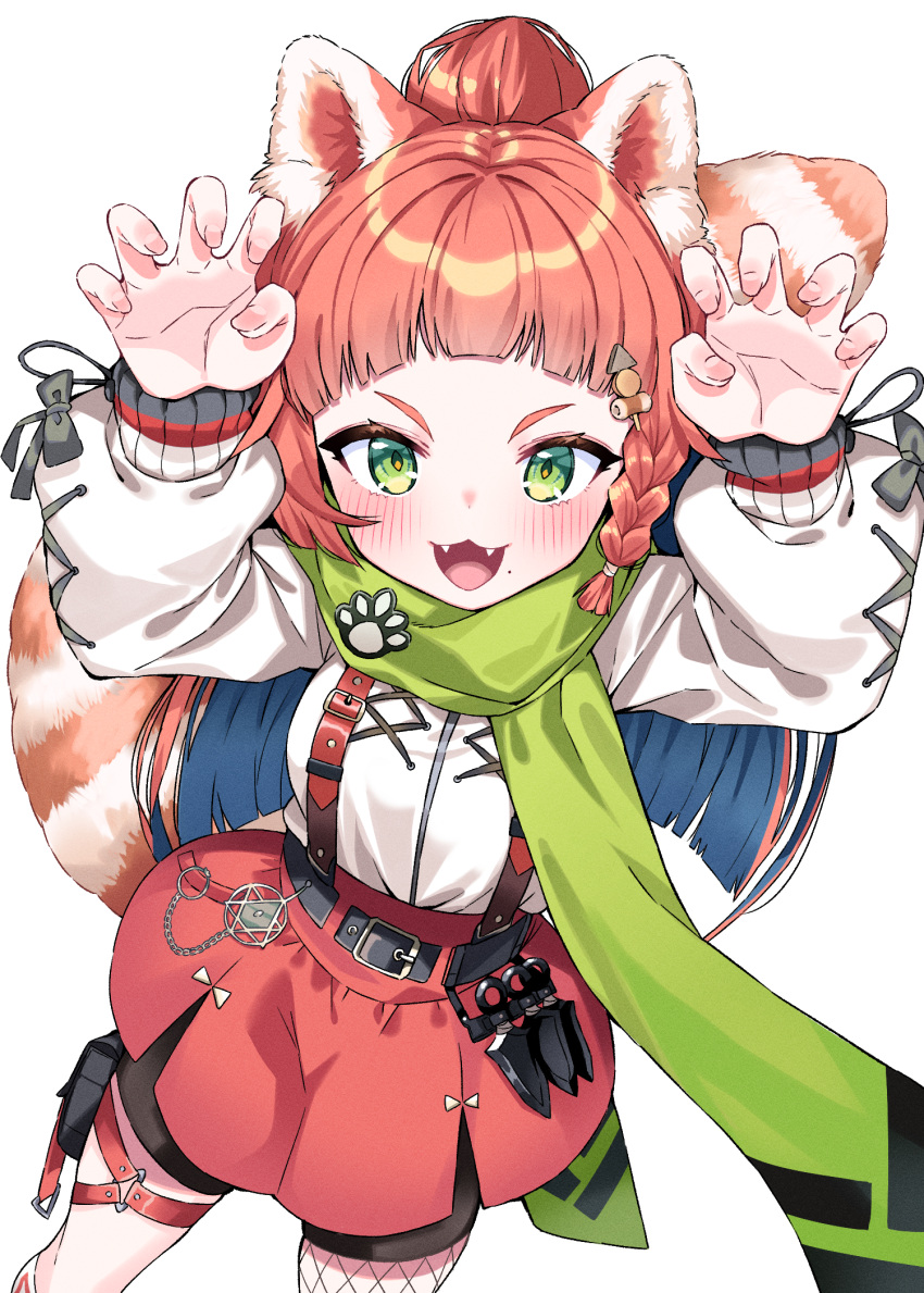 1girl :3 :d animal_ear_fluff animal_ears arms_up belt bike_shorts black_shorts blush braid claw_pose commentary commission english_commentary fangs gradient gradient_background green_eyes green_scarf highres jacket long_hair long_sleeves looking_at_viewer mole mole_under_mouth nail_polish open_mouth orange_hair pantyhose_under_shorts puffy_long_sleeves puffy_sleeves red_skirt scarf short_shorts shorts shorts_under_skirt simple_background single_leg_pantyhose skirt smile solo striped_tail suspender_skirt suspenders tail thick_eyebrows tosyeo v-shaped_eyebrows white_background white_jacket