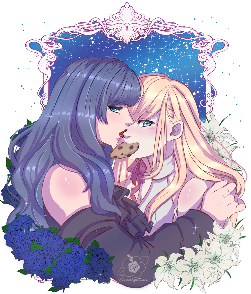 2girls bangs bare_shoulders black_hair blonde_hair blue_eyes clothing_cutout cookie dress final_fantasy final_fantasy_xiv flower food from_side gaia_(ff14) green_eyes hand_on_another's_shoulder highres hyur long_hair looking_at_viewer mouth_hold multiple_girls peti_(amaipetisu) red_lips rose ryne shoulder_cutout upper_body white_dress yuri