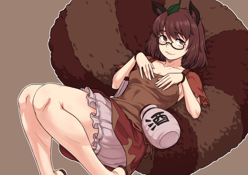 1girl :3 animal_ears bangs bloomers brown_background brown_eyes brown_hair brown_shirt brown_skirt closed_mouth futatsuiwa_mamizou glasses gourd kakone leaf leaf_on_head looking_at_viewer outline raccoon_ears raccoon_girl raccoon_tail shirt short_hair short_sleeves simple_background skirt smile solo tail touhou underwear white_outline