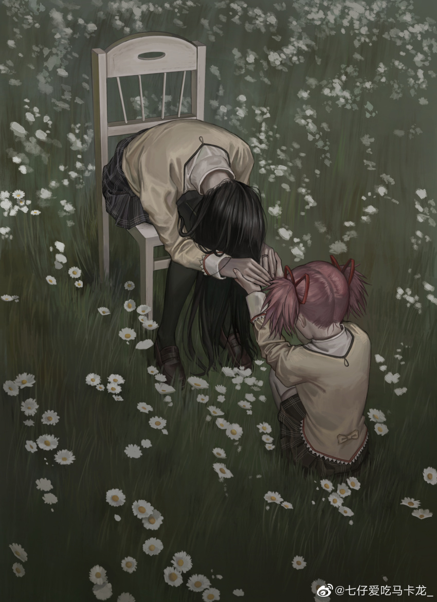 2girls absurdres akemi_homura black_hair black_pantyhose black_skirt brown_footwear chair commentary daisy flower from_above full_body grass hair_over_face hair_ribbon highres holding_hands jacket jewelry kaname_madoka leaning_forward loafers long_hair long_sleeves mahou_shoujo_madoka_magica mitakihara_school_uniform multiple_girls on_chair on_grass outdoors pantyhose pink_hair plaid plaid_skirt realistic ribbon ring school_uniform shoes short_hair short_twintails sitting skirt squatting thigh-highs twintails weibo_logo weibo_username white_flower white_thighhighs yellow_jacket yuanqishaonu