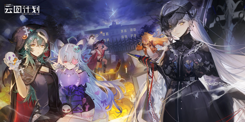 1boy artist_request black_dress blonde_hair character_request clotho_(girls'_frontline_nc) dress earrings full_body girls'_frontline_neural_cloud gloves grey_hair hair_ornament helix_(girls'_frontline_nc) highres holding jacket jewelry long_hair looking_at_viewer mole mole_under_eye multiple_girls navel official_art one_eye_covered orange_jacket ponytail shirt smile sol_(girls'_frontline_nc) very_long_hair white_dress yellow_eyes