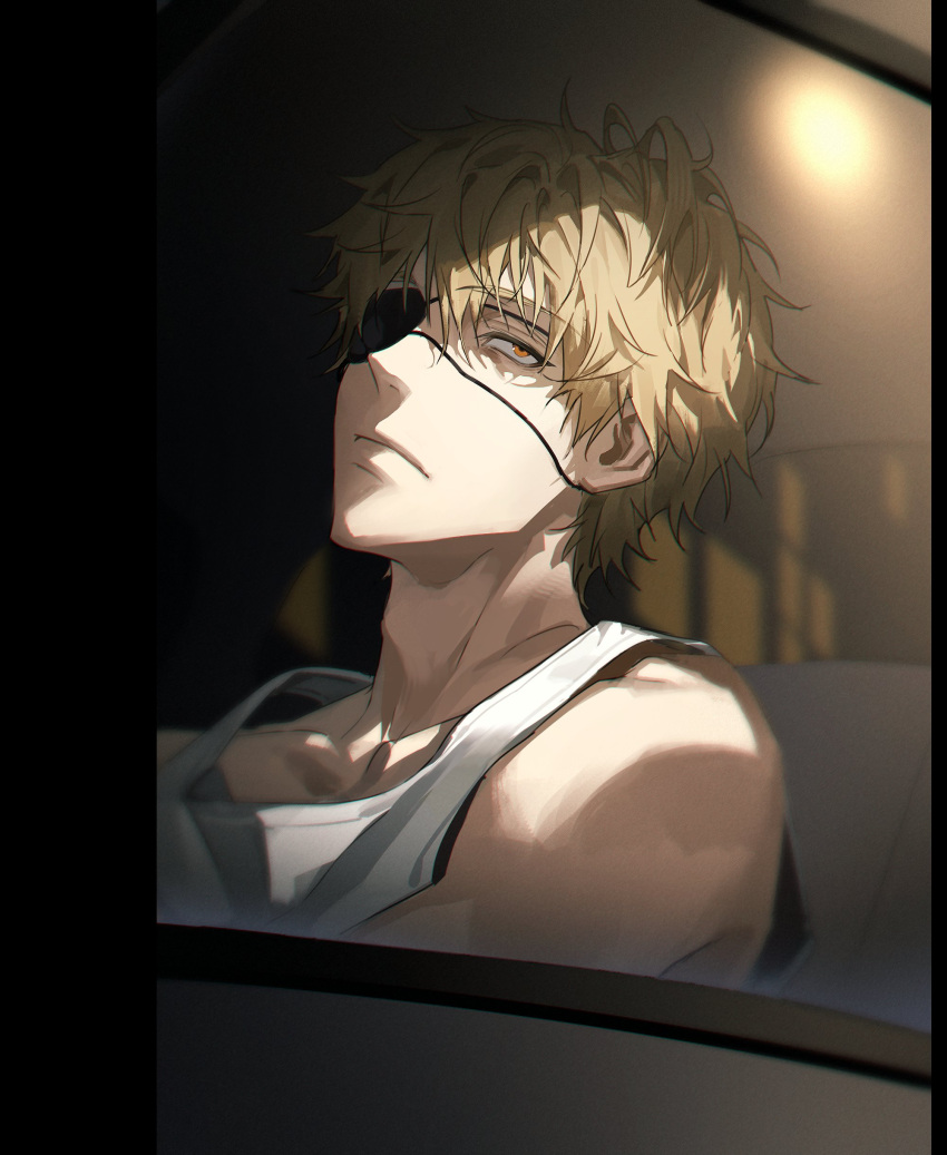 1boy absurdres ajrtkf44 black_border blonde_hair car car_interior chainsaw_man denji_(chainsaw_man) eyepatch frown ground_vehicle highres lamppost letterboxed light looking_to_the_side male_focus motor_vehicle orange_eyes shade short_hair sitting solo tank_top