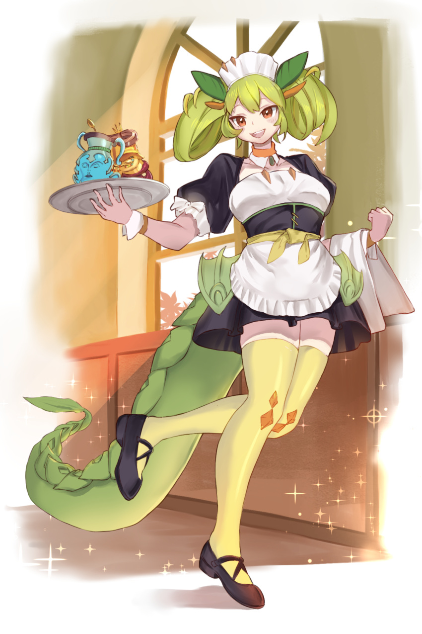 1girl apron black_footwear breasts choker dougaku_(passionpit777) dragon_girl dragon_horns duel_monster green_hair green_horns green_tail green_thighhighs green_wings highres holding holding_plate horns maid maid_apron maid_headdress open_mouth orange_eyes parlor_dragonmaid plate pot_of_prosperity puffy_sleeves solo sparkle tail thigh-highs thighhighs twintails window wings wrist_cuffs yu-gi-oh!