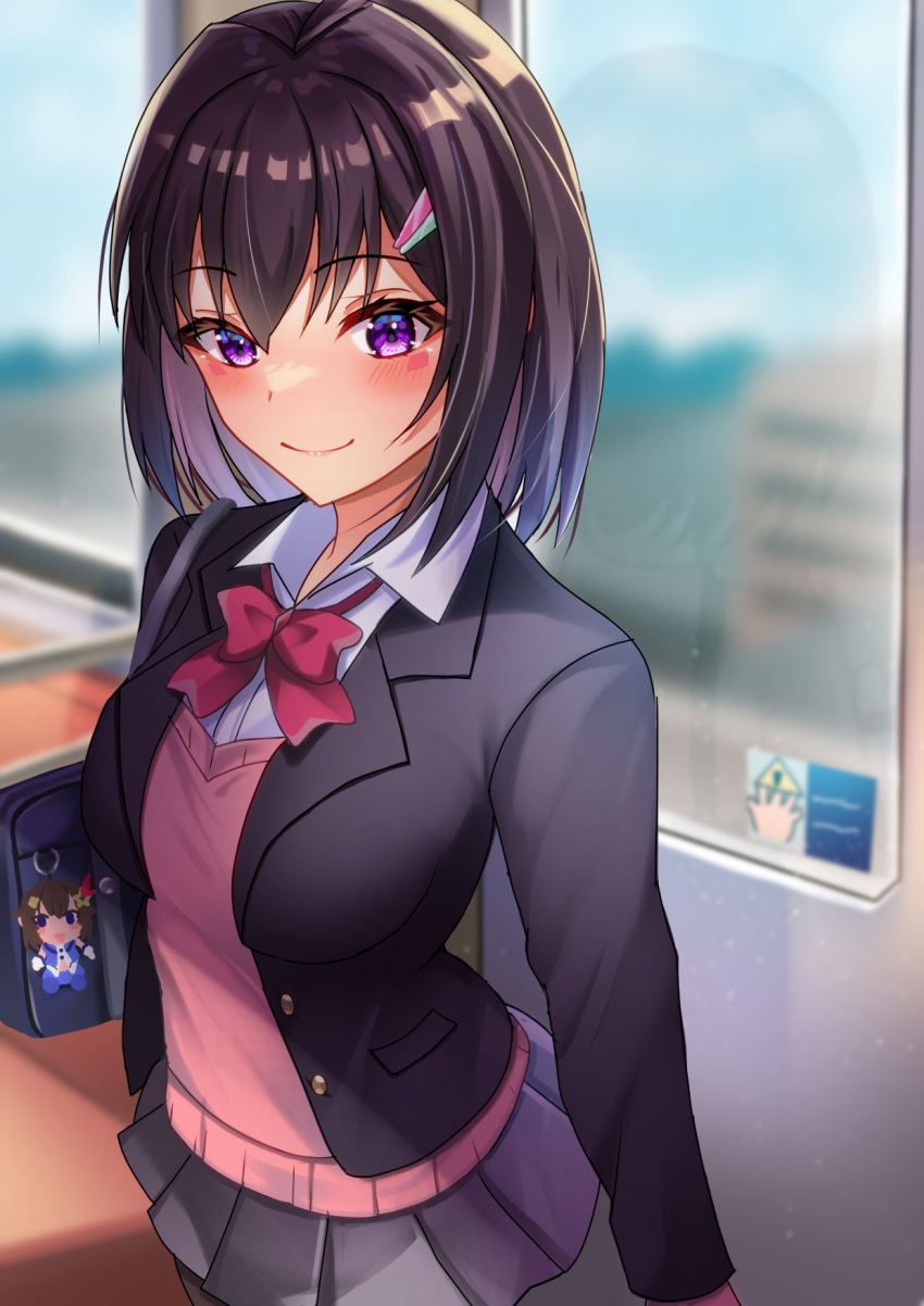1girl azki_(hololive) bag black_hair blazer blurry blurry_background blush bow breasts brown_hair character_doll facial_mark hair_ornament hairclip highres hololive jacket keychain looking_at_viewer pleated_skirt purple_eyes school_bag school_uniform skirt smile solo sweater_vest tokino_sora violet_eyes virtual_youtuber zacky