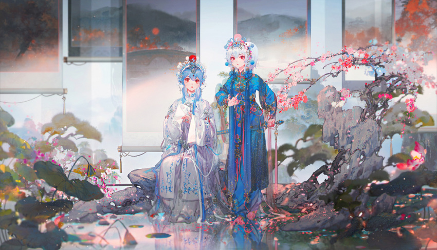 2girls blue_hair chinese_clothes closed_mouth flower hair_ornament hanging_scroll japanese_clothes lily_pad mian_lang multiple_girls original parted_lips pond red_eyes rock scroll sheath short_hair_with_long_locks siblings side_ponytail sitting sword tree weapon white_hair
