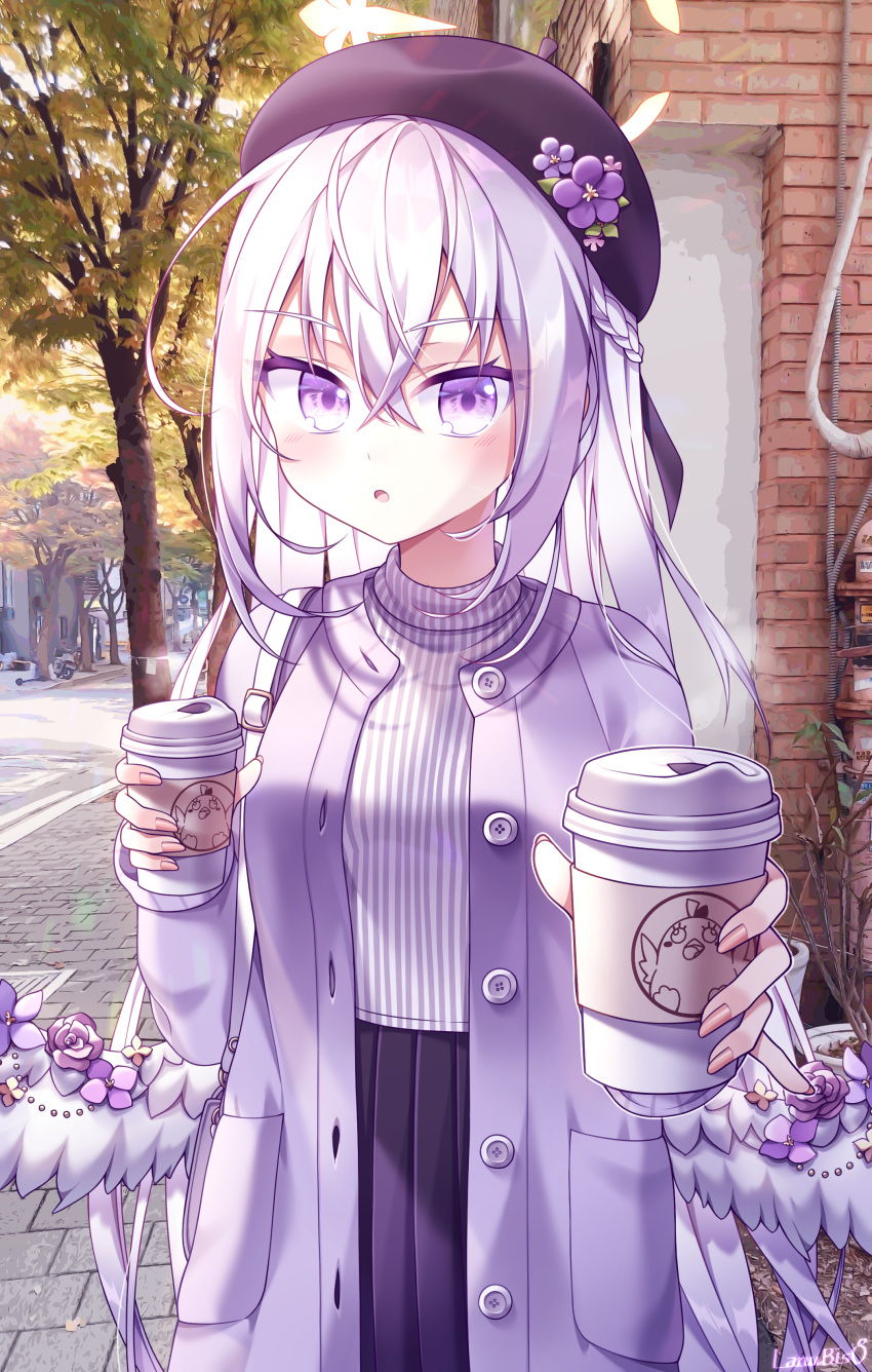 1girl absurdres angel angel_wings azusa_(blue_archive) beret black_headwear blue_archive casual cup eyebrows_visible_through_hair flower hair_between_eyes hair_flower hair_ornament hat highres holding holding_cup lanubis long_hair outdoors purple_eyes solo violet_eyes white_hair wings