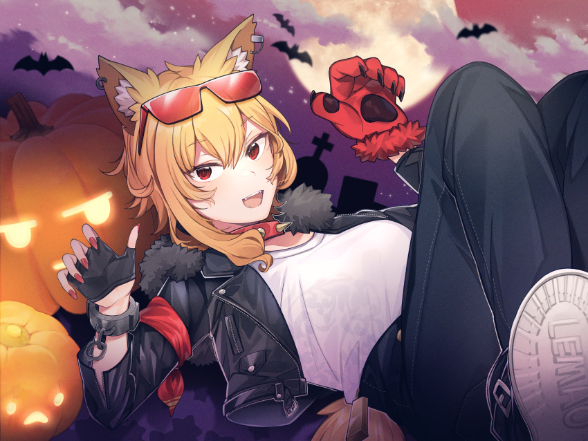 1girl animal_ear_fluff animal_ears animal_hands asymmetrical_gloves bangs bat black_gloves black_jacket blonde_hair clouds collar commentary crossed_legs english_commentary eyewear_on_head fingernails fur_collar fur_trim gloves half_gloves highres hololive hololive_indonesia jacket kaela_kovalskia long_hair looking_at_viewer mismatched_gloves mitsumine_(ookami_no_oyashiro) moon nail_polish open_mouth paw_gloves red_eyes red_gloves red_nails sharp_fingernails shirt soles solo spiked_collar spikes t-shirt tail tinted_eyewear virtual_youtuber white_shirt witch