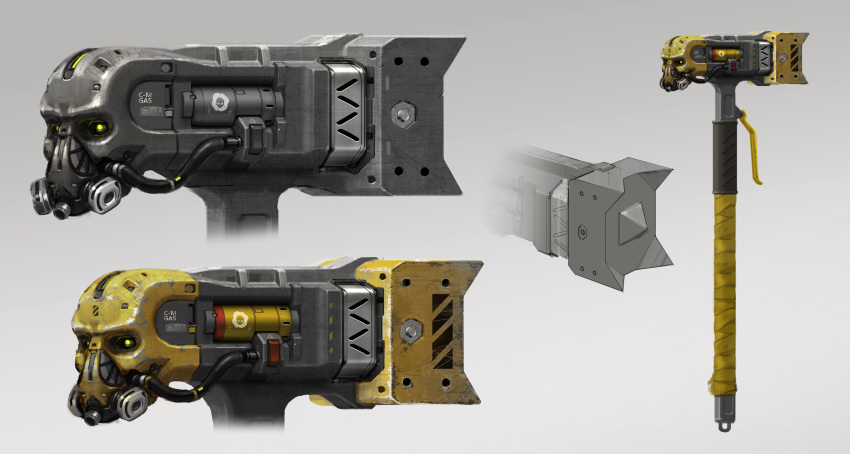 absurdres apex_legends cable concept_art death_hammer_(apex_legends) english_commentary grey_background hammer highres multiple_views no_humans official_art prog_(progwwww) reference_sheet science_fiction weapon_focus